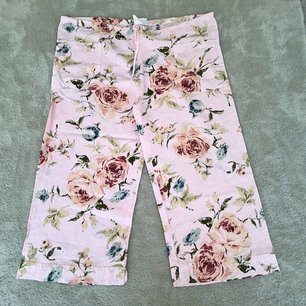 Breezy Mode USA Pink Floral Print Linen Pants Wide Leg Pockets Drawstring Size S